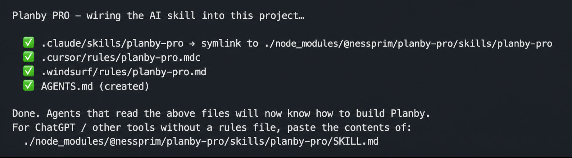 Terminal output after running npx planby-pro init-ai
